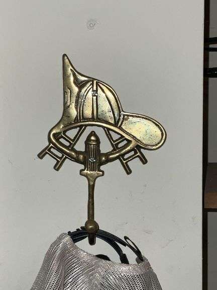 Brass fireman's hat hook, caps, eagle wall plaque, 8 1/2" W