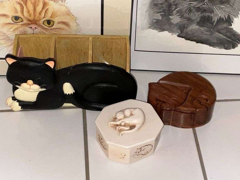 Pair of framed cat prints, wooden cat puzzle box