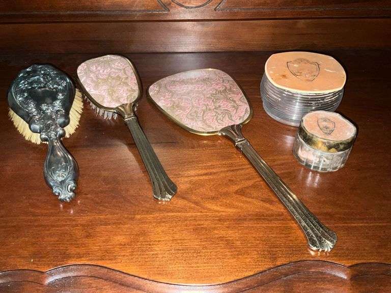 Dresser set, dresser boxes, hand held mirror and brush