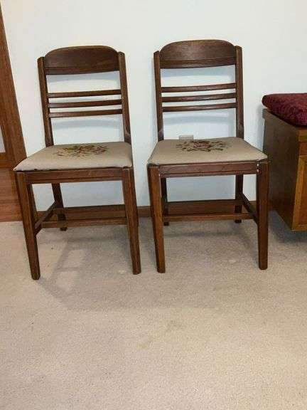 Pair of vintage chairs with needlepoint seats