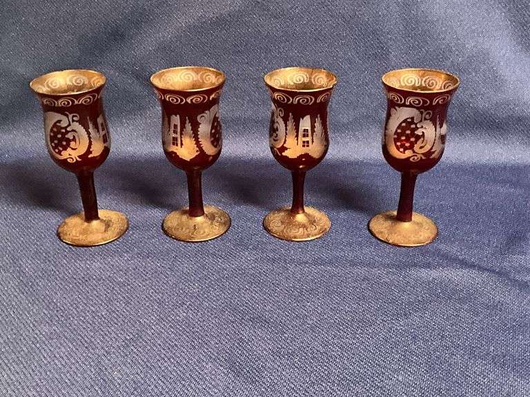 Red Bohemian glass cordial glasses, small chips on rim of some image