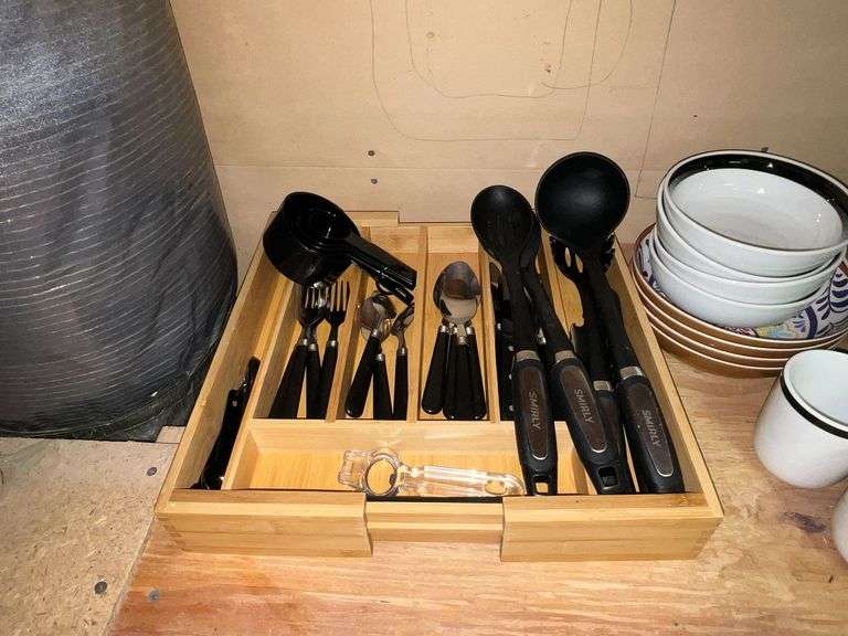 Flatware, serving utensils, pots, pans, dishes, cups, etc.