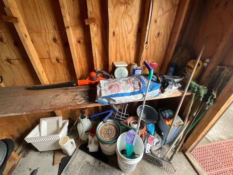 Garden supplies, flower pots, rake, Black & Decker cordless blower (no charger)