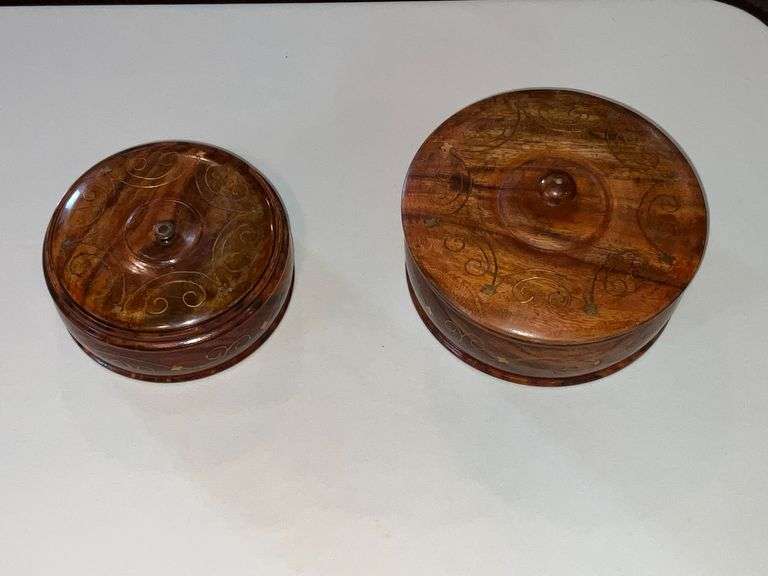 Pair of wooden turned boxes with lids image