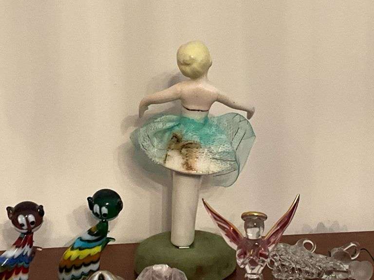 Ballerina figurine, blown glass pieces, pewter fortune cookies, etc.