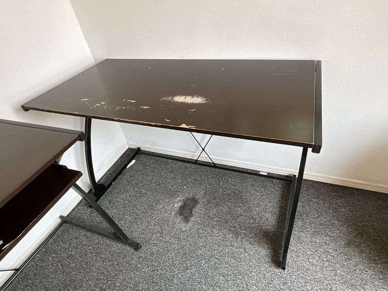 Contemporary office desk and computer work station, metal legs, composite tops, some surface wear