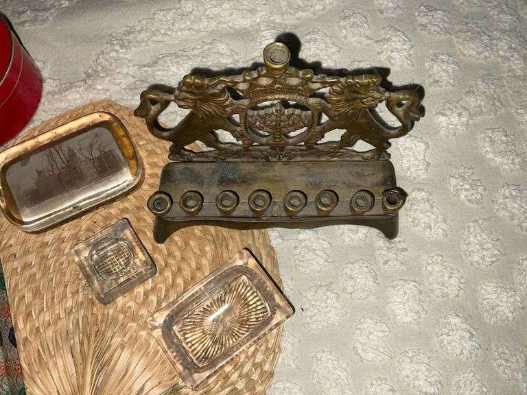 Folding fan in box, Stephens College paperweight, salt cellar, brass lion piece