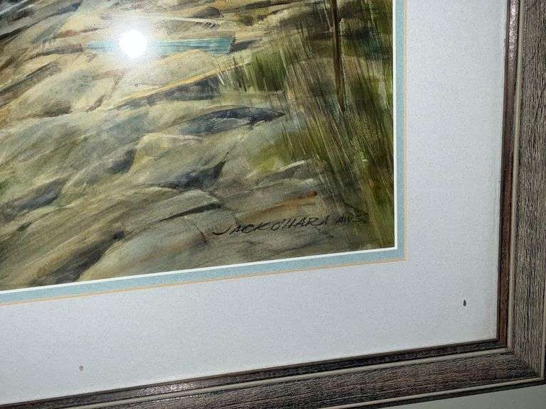 Fisherman getting ready for their day watercolor by Jack O'Hara, framed and matted