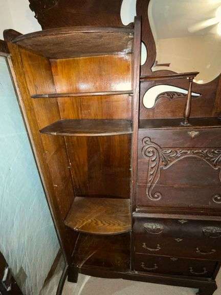 Antique secretary with curved glass and drop front desk with key