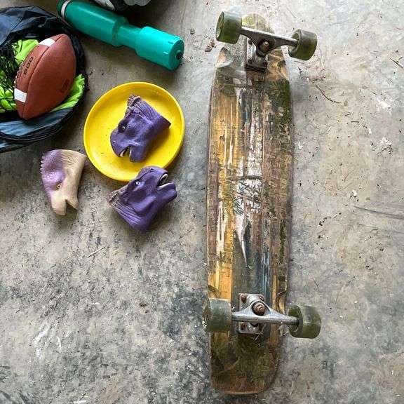 Plastic fire truck, foot ball, frisbee, skateboard, etc.