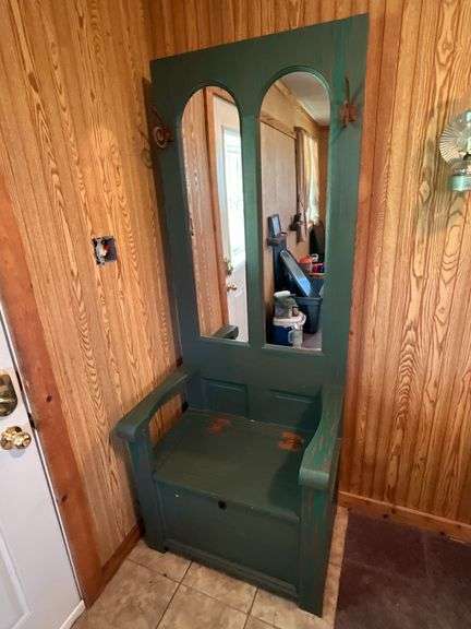 Hall tree with bench, storage and mirror image
