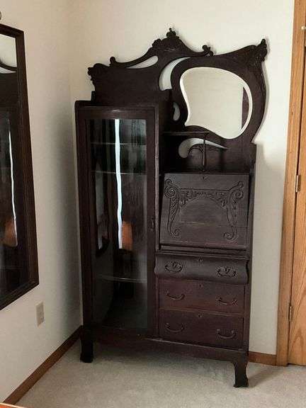 Antique secretary with curved glass and drop front desk with key