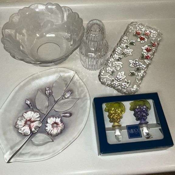 Mikasa serving bowl, oval trays, bottle stoppers