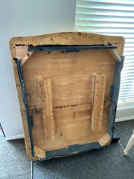 Wooden kitchen table with leaf and 2 chairs, needs refinishing and assembly