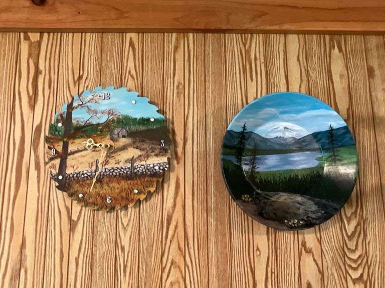 Hand painted saw blade clock, artist signed image