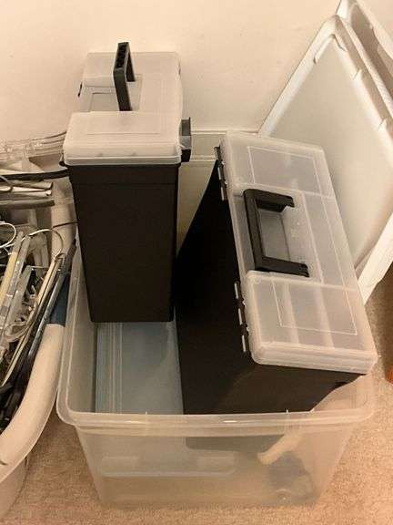 File boxes, hangers, tote, clothes basket, etc.