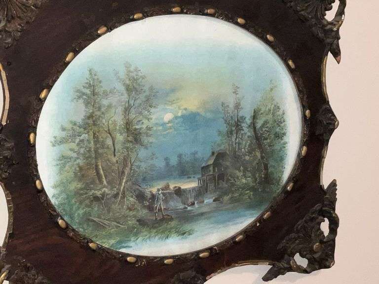 Antique frame with river scene, some damage to the frame