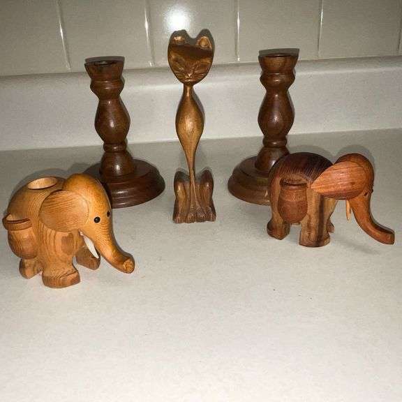 Walnut Factory Store candlesticks, wooden cat and pair of wooden elephants