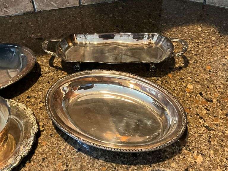 Silverplate items, 9" T pitcher, trays