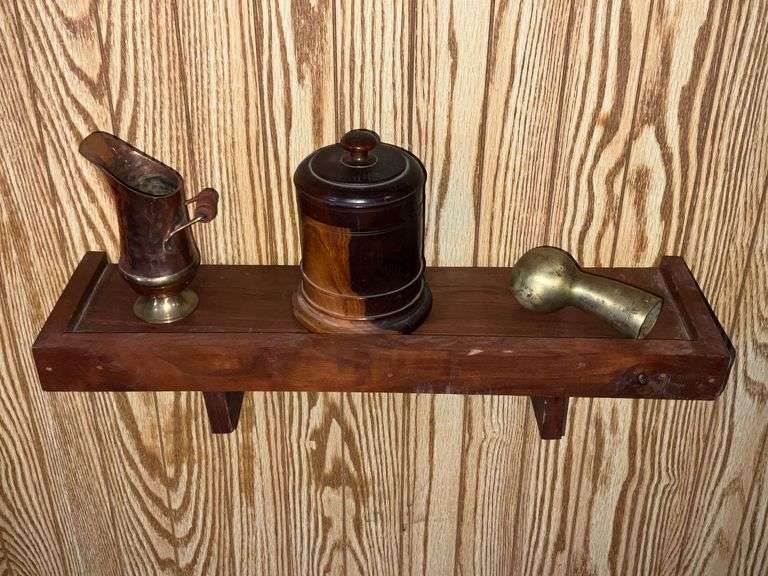 Wooden box with lid, brass pitcher, etc. image