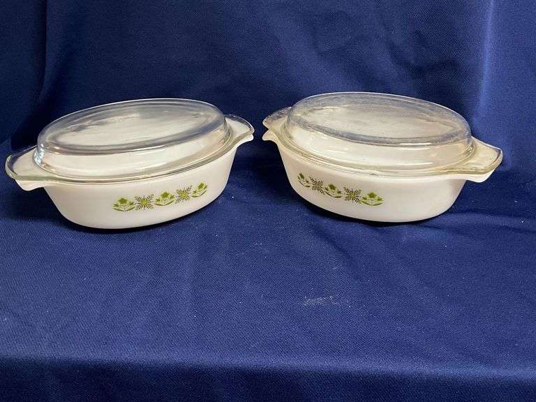 Fire King oval baking dishes, Meadow Green pattern with lids image