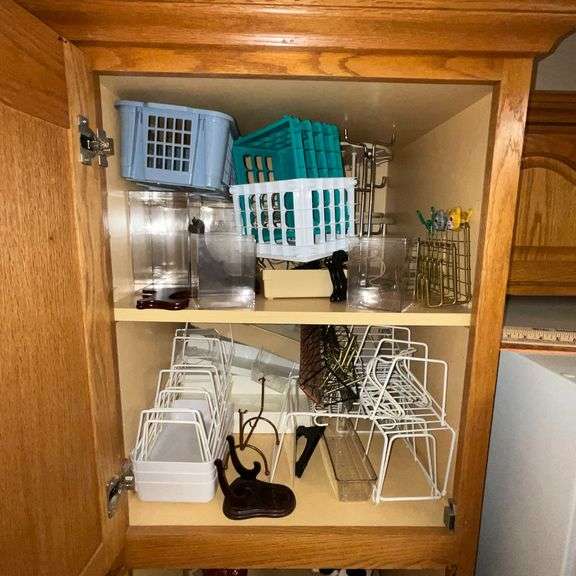 Small plastic crates, dish organizers, plate holders, wire basket, etc.