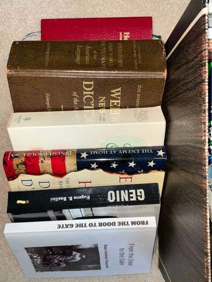 Assortment of books, Italian, dictionary, genealogy books, Holy Bible