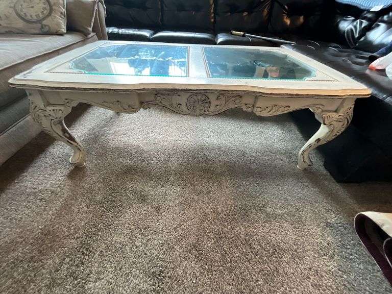 Farmhouse style coffee table, glass top