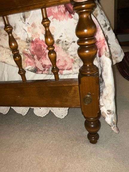 Queen size bedframe with mattress, boxsprings, linens and lamp
