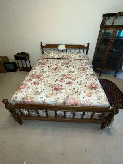 Queen size bedframe with mattress, boxsprings, linens and lamp
