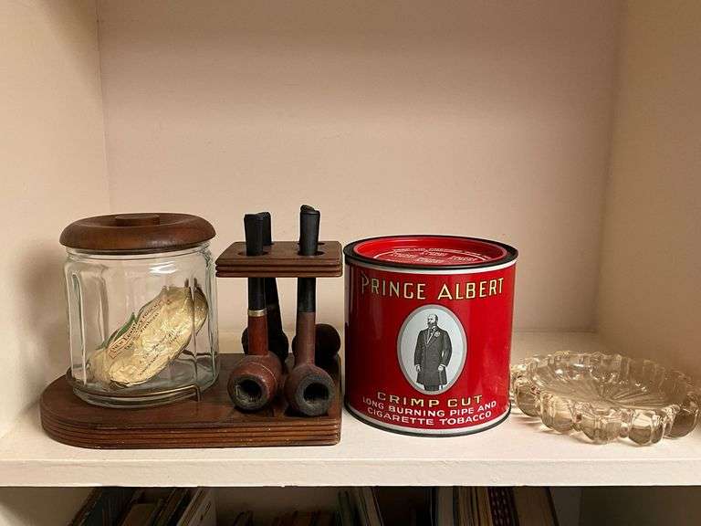 Pipe stand with tobacco jar, Prince Albert can