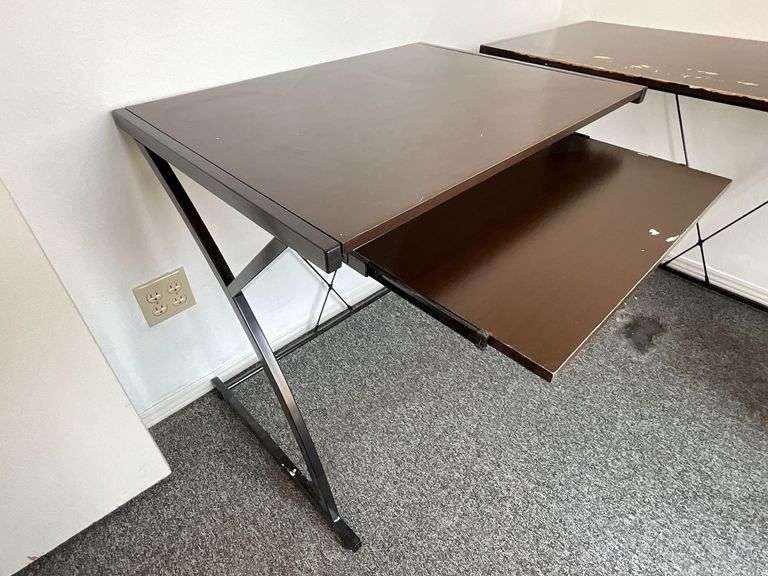 Contemporary office desk and computer work station, metal legs, composite tops, some surface wear