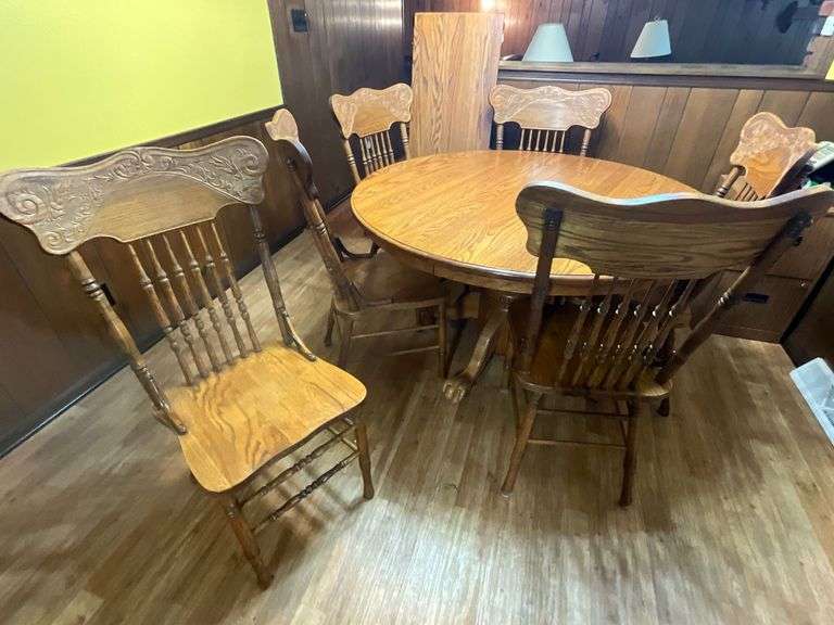 Single pedestal oak? Kitchen table, 53" W with 18" leaf image