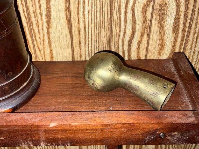 Wooden box with lid, brass pitcher, etc.