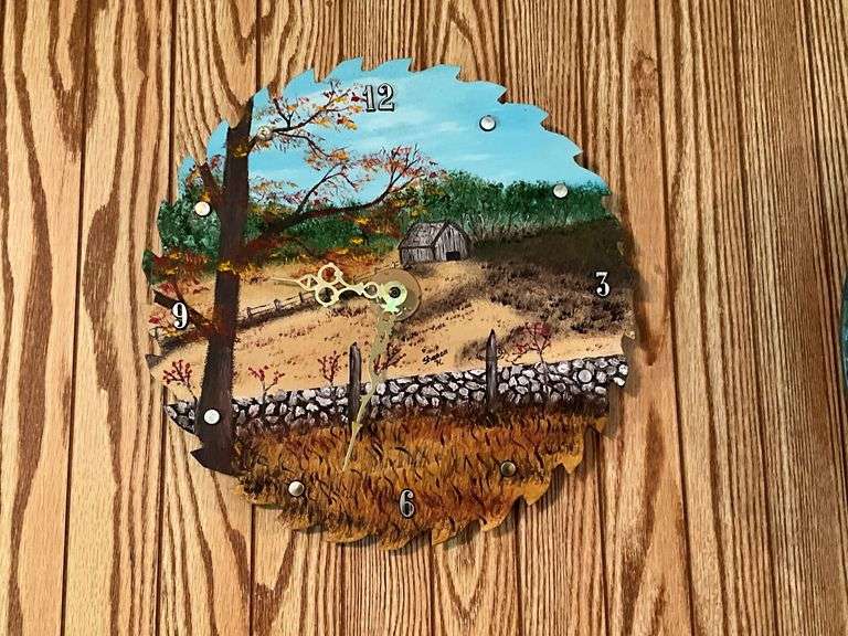 Hand painted saw blade clock, artist signed