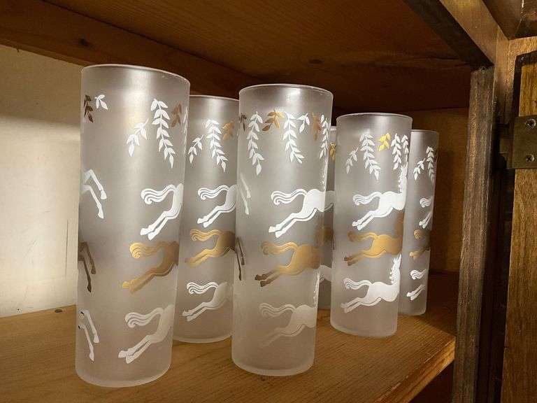 7 Libbey Galloping Horse Cavalcade frosted Tom Collins glasses image