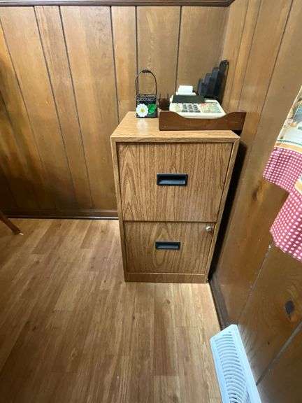 Office supplies, wood grain 2-drawer file cabinet image