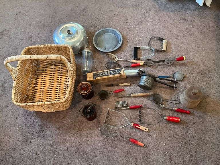 Vintage kitchen utensils, strainers, crocks image