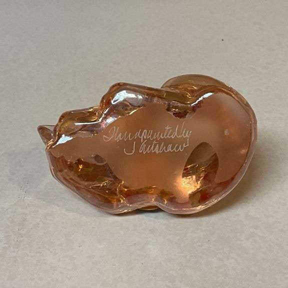 Sleeping Fenton Glass cat, hand decorated with tag