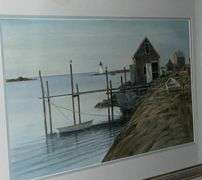 Fisherman getting ready for their day watercolor by Jack O'Hara, framed and matted