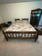 Queen size bedframe with mattress, boxsprings, linens and lamp