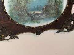 Antique frame with river scene, some damage to the frame