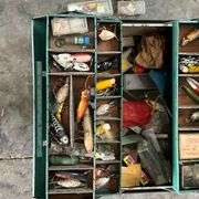Vintage metal tackle box, vintage lures