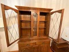 Ethan Allen two-piece china hutch, lighted, plate rails, flatware drawer