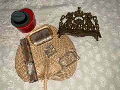 Folding fan in box, Stephens College paperweight, salt cellar, brass lion piece