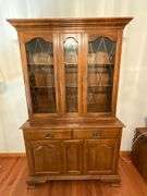 Ethan Allen two-piece china hutch, lighted, plate rails, flatware drawer