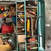 Vintage metal tackle box, vintage lures