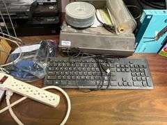 Wood corner desk (60" W x 30" T x 29" D), HP printers, Brother printer, Underwood adding machine