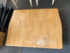 Wooden kitchen table with leaf and 2 chairs, needs refinishing and assembly