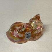 Sleeping Fenton Glass cat, hand decorated with tag